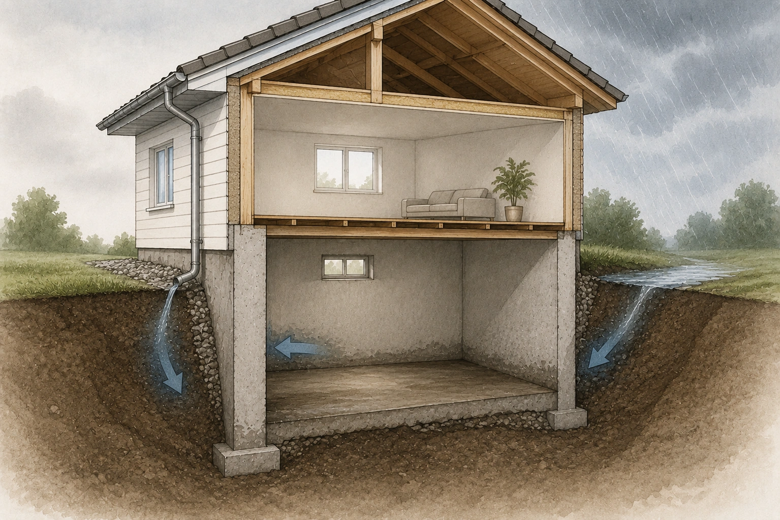 Källare kontrolleras för fukt efter regn