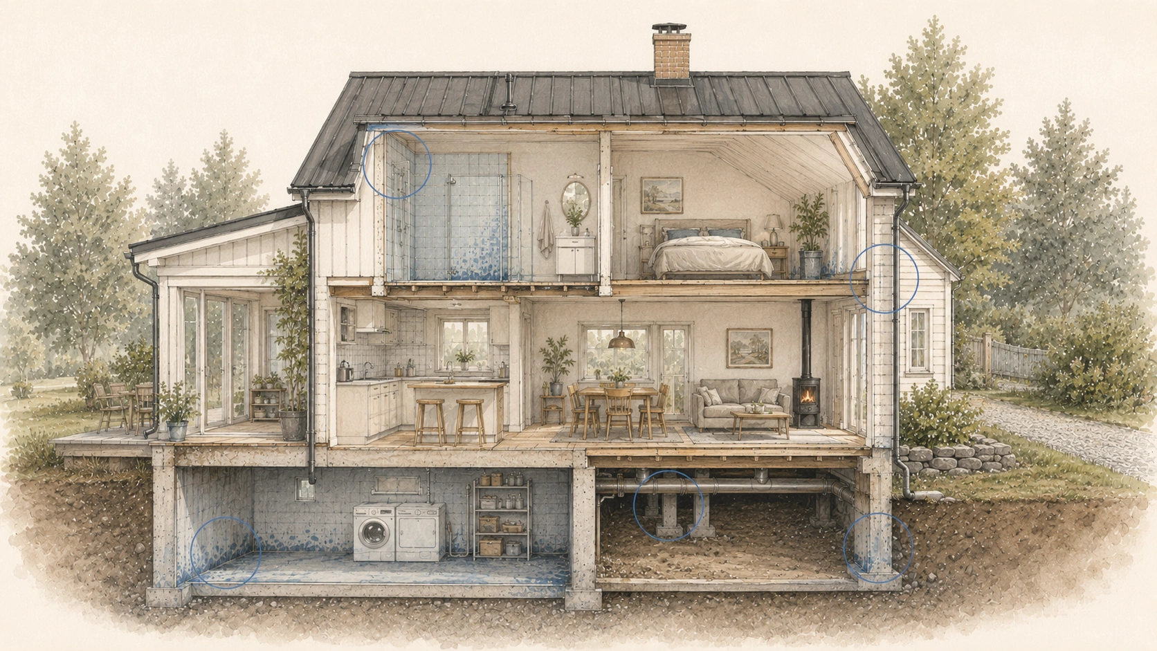 Illustration av hus med markerade områden där fuktproblem kan uppstå.