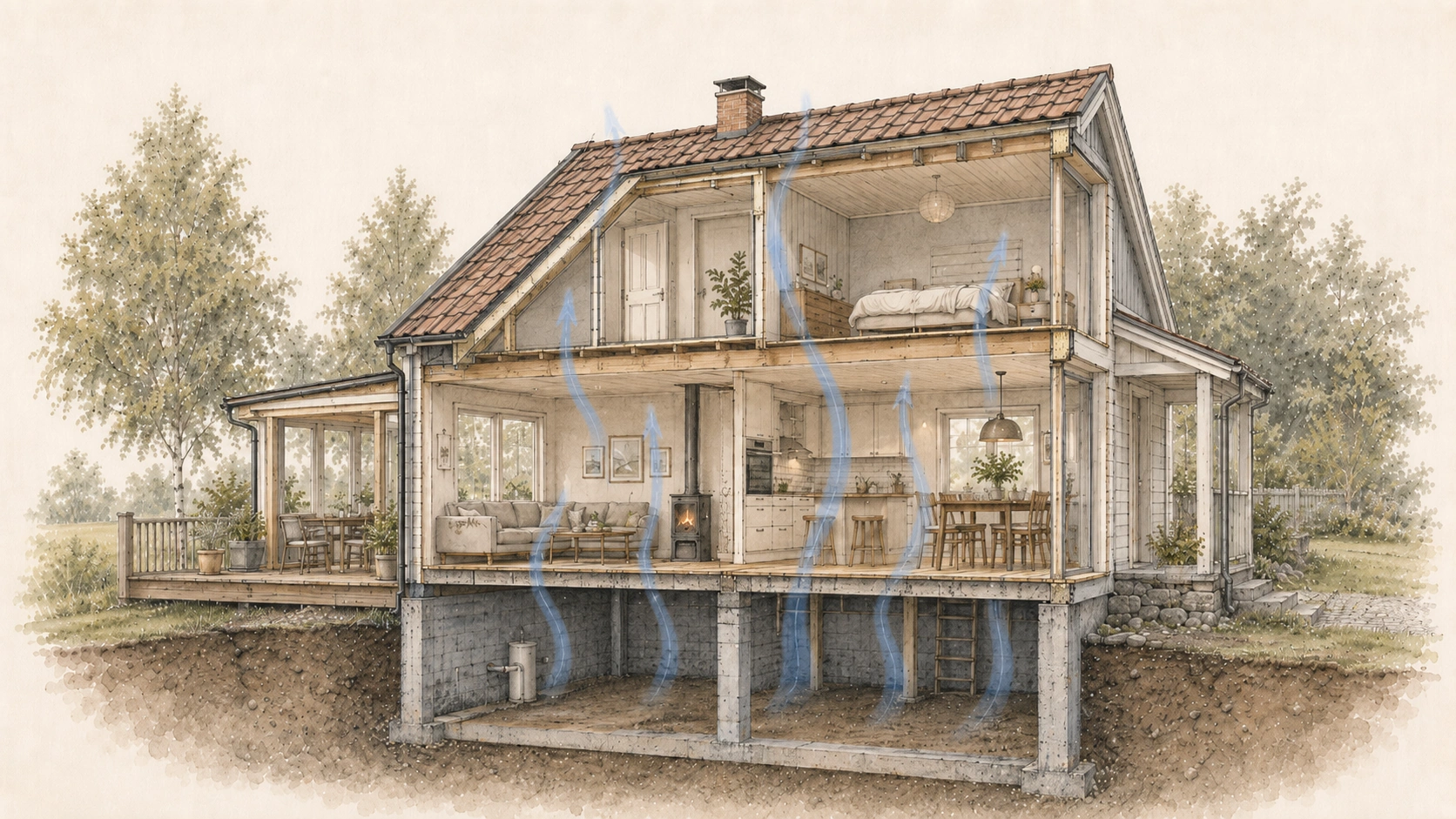 Illustration av hus där mögelliknande lukt undersöks.